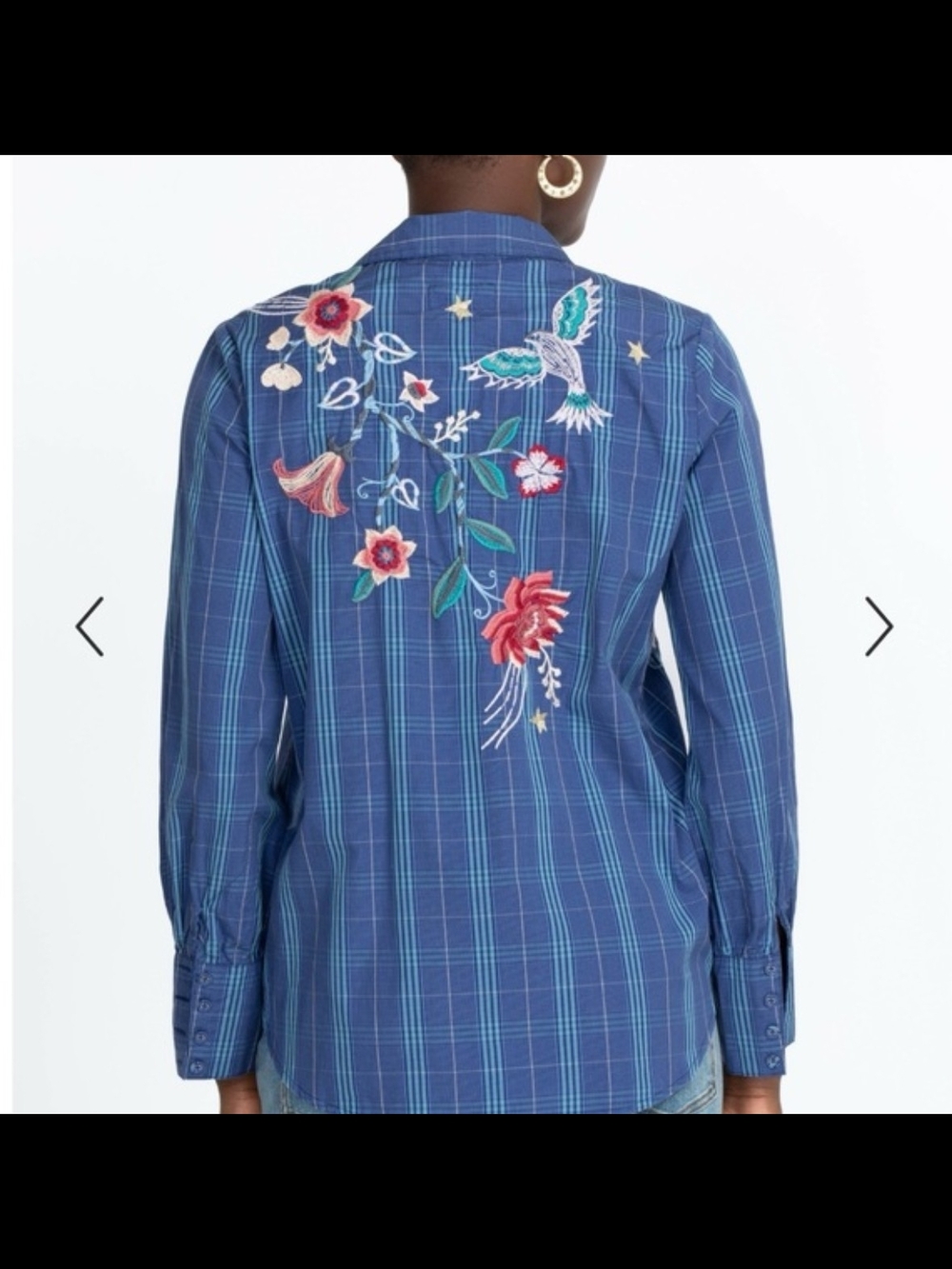 Johnny Was Blue Plaid Floral Embroidered Button-Up - Picture 4 of 6